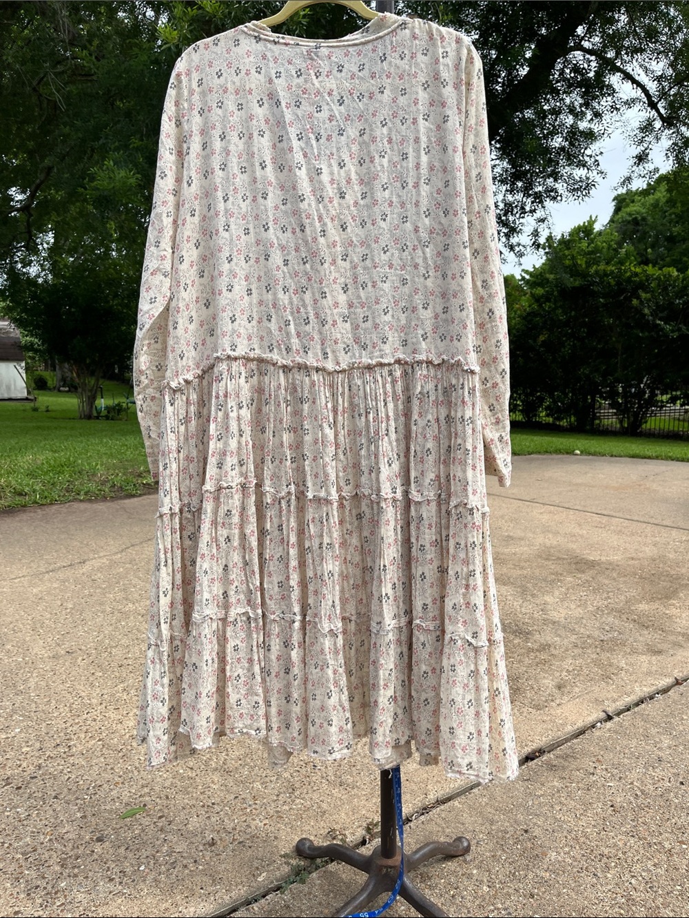 Floral Lace-Up Cream Long-Sleeve Tiered Midi Dress - Picture 2 of 7